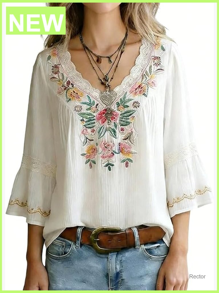 Vintage Floral Embroidered Lace Trim V-Neck 3/4 Bell Sleeve Boho Peasant Top